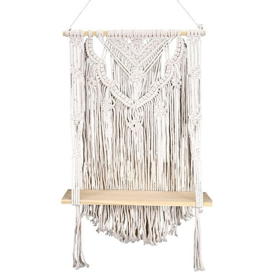 Macrame Wall Hanging Shelf, Single Tier Wood Floating Hanging Shelf Organizer Hanger, Wall Decor