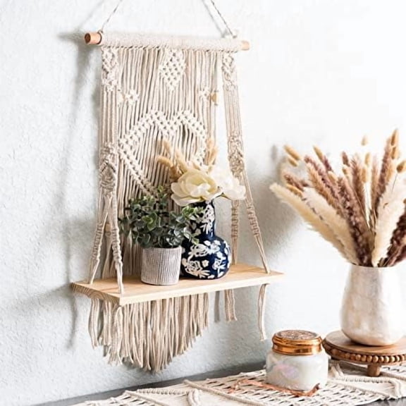 Macrame Wall Hanging Shelf - Tier Wall Shelves with Handmade Woven Rope - Boho Shelves Organizer Hanger for Kitchen, Bathroom, Home Storage, Floating Indoor Plant Wall Shelf (1 Tier)
