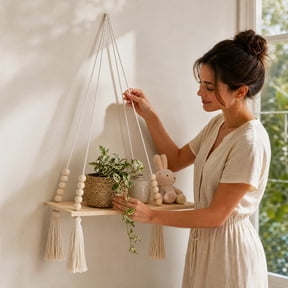 Macrame Wall Hanging Shelf Wooden Board Cotton Rope Woven Boho Storage Organizer Floating Display Shelf for Home Bedroom Living Room Wall Decor Space Saving Storage and Easy Hanging