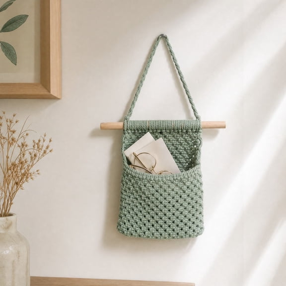 Macrame Wall Hanging Storage Basket, Cotton Rope Woven Organizer with Wood Stick for Bathroom Bedroom Entryway Small Items