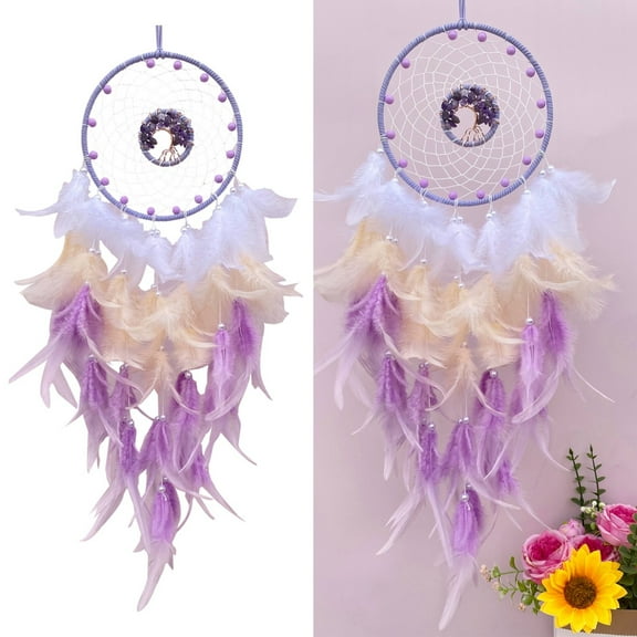 Macrame Wall Hanging Verdsylv Woven Stone Tree Wall Hanging - Feather Life Tree Dreamcatcher Wind Chime, Macrame Boho Decor for Bedroom Living Room, Spiritual Gift & Meditation Space Ornament