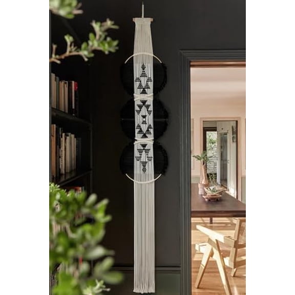 Macrame Wall Hanging black and white Boho Wall Decor Art Living room wall art Round Handmade Geometric Lines Home Décor 11.8W x 65L
