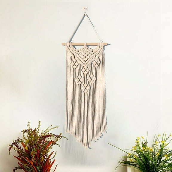 Macrame Woven Wall Hanging Boho Geometric Woven Tapestry Beige & Grey Cotton Handmade Bohemian Art Decor with Tassel Craft Ornament for Bedroom Living Room Apartment Nursery