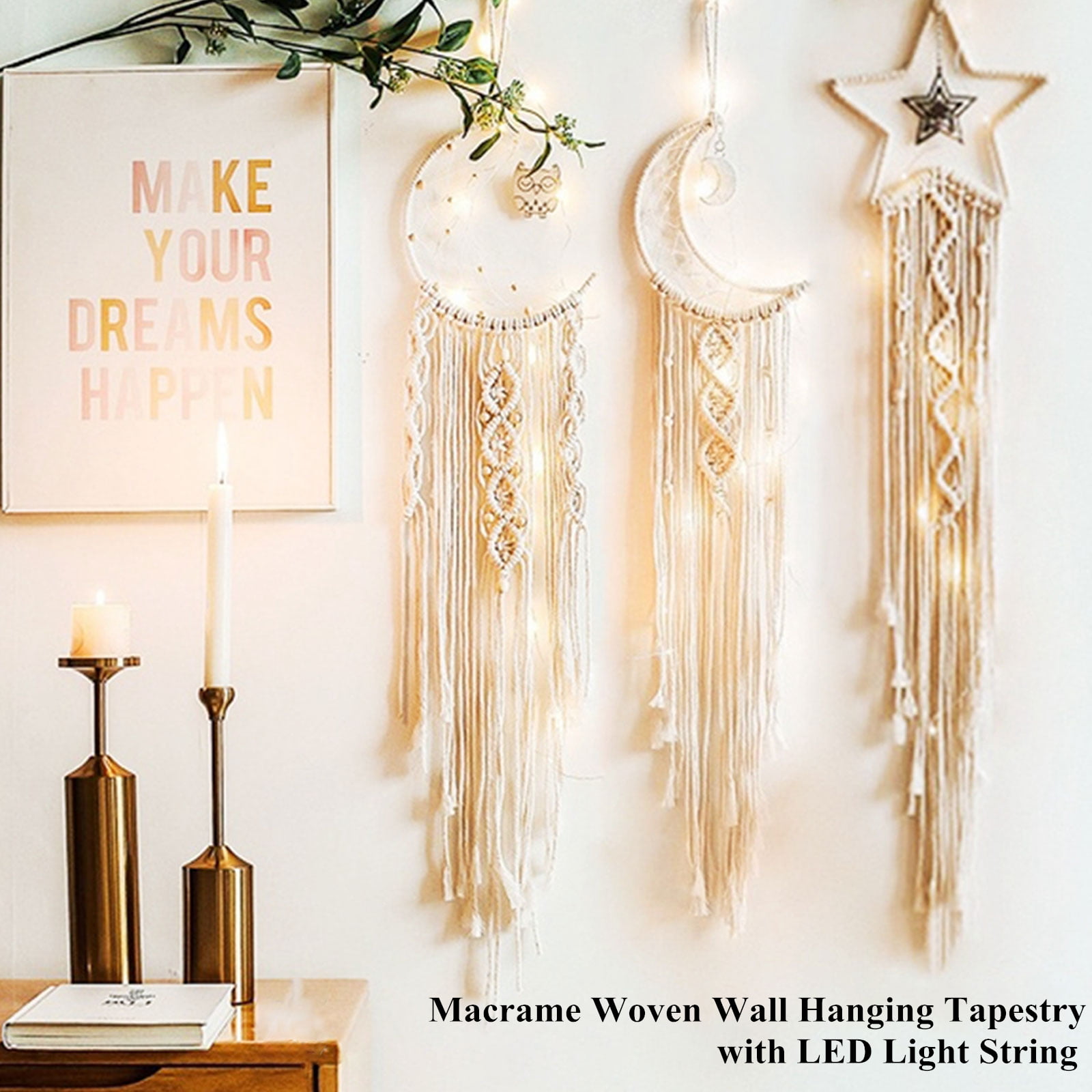 Macrame Woven Wall Hanging Dream Catcher, LED Light String Boho ...