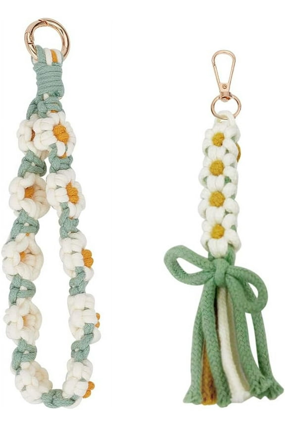 Macrame Wristlet Keychain Bulk White Daisy Cord Knotting Kit Boho Mini Tassel Key Chain Weave Exquisite Keyring Holder Bracelet Handmade Wrist Lanyard with 1Pc Mobile Straps for Women DIY