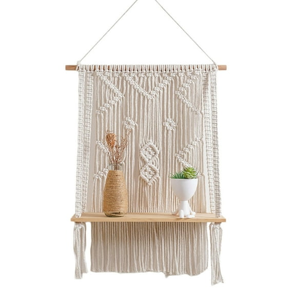 Macrames Wall Hanging Tapestry with Wood Shelf Handwoven Bohemian Tassels Floating Plant Shelves Wedding Backgroud Decor
