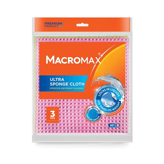 Macro Max Ultra Sponge Cloth 10 Times Its Weight Water Absorption High Performance Kitchen Cloth - 3 Pack