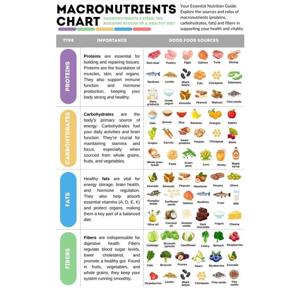 Macro Nutrient Chart Poster Protein, Carbohydrates, Fat, Fiber. Healthy Diet Reference Guide. Nutrition Chart. Top High-Protein Foods. Diet Poster
