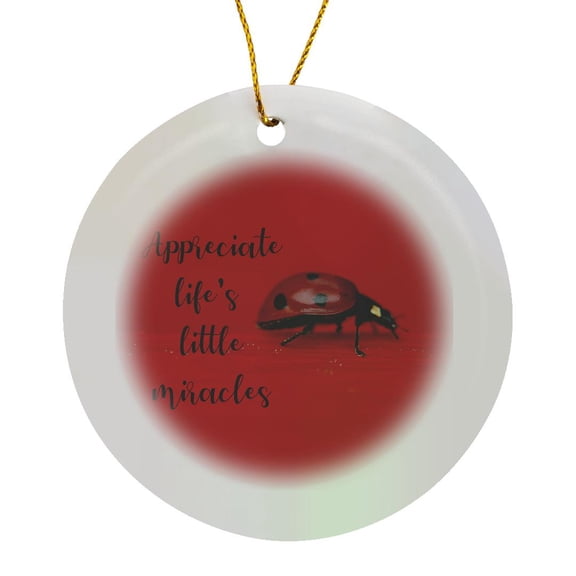 3drose, Macro of a Ladybug with the Quote Appreciate Lifes Little Miracles., Circle Porcelain Ornament