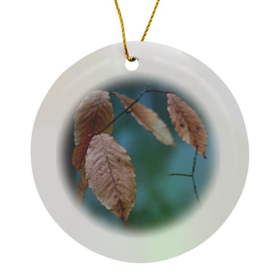 3drose, Macro Photo of Golden Beech Tree Leaves Again a Foggy Teal Background., Circle Porcelain Ornament