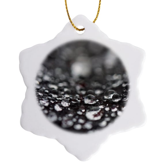 3drose, Macro Photo of Raindrops Gathered on a Purple Leaf of a Redbud Tree., 3 inch Snowflake Porcelain Ornament