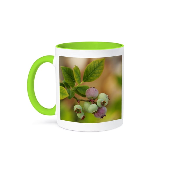 3drose, Macro Photograph of a Cluster of Unripened Blueberries., 15oz Two-tone Green Mug