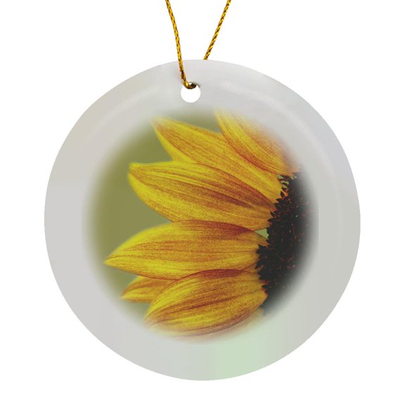 3drose, Macro Photograph of the Left Side of a Yellow and Red Sunflower., Circle Porcelain Ornament