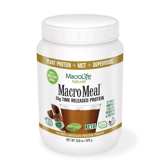 MacroLife Naturals MacroMeal Vegan Chocolate Protein Powder Superfood Greens Probiotics + Fiber, Immune Energy Digestive Daily Essentials for Women & Men Gluten-Free - 21.7oz (15 Servings)