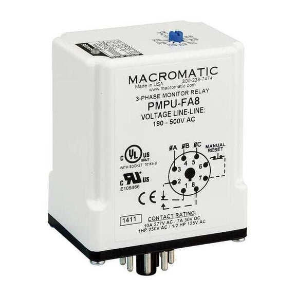 Macromatic 3 Phase Monitor Relay,SPDT,500VAC,8 Pin PMPU-FA8