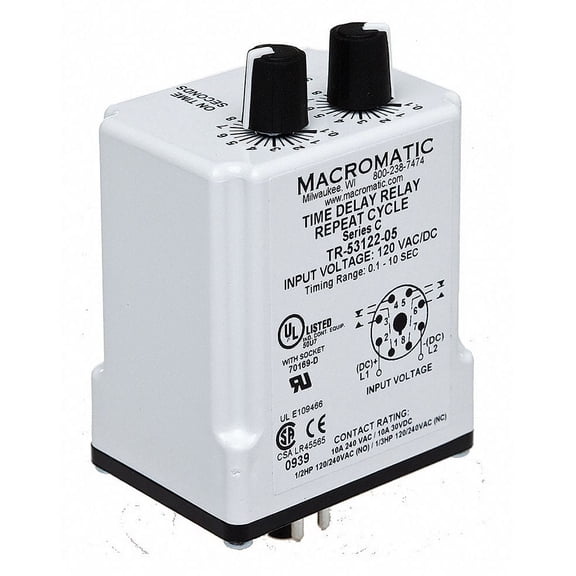 Macromatic Time Delay Relay,240VAC,10A,DPDT,9 sec.