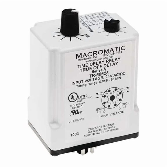 Single Function Time Delay Relay, Octal, Off Delay, 1 Functions 24V AC/DC, DPDT TR-60628