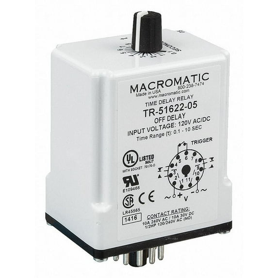 Macromatic Time Delay Rlay,240VAC,10A,DPDT,1.8 sec. TR-51621-10