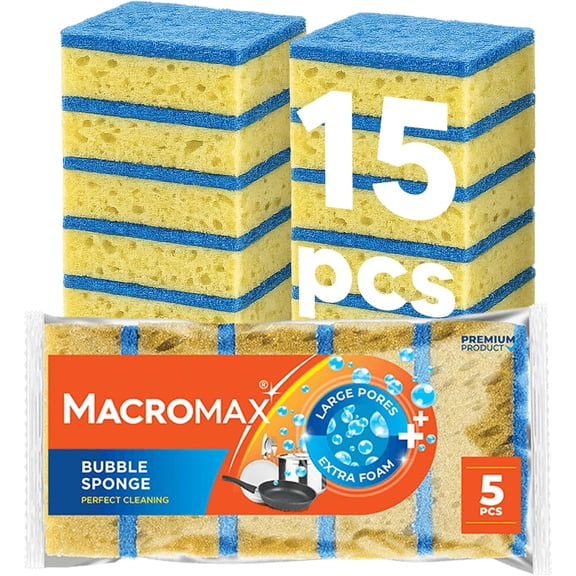 Macromax Bubble Sponge Heavy Duty Scrub Sponge for Kitchen, Stovetops & Grills Large Pore for Extra Foam Powerful Scrubbing Pad for Tough Stains, 15-Pieces