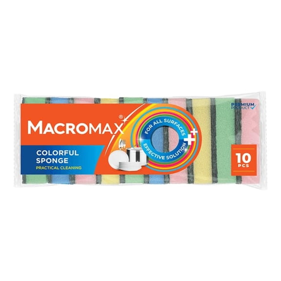 Macromax Colorful Sponge – Flat Dish Sponges for Daily Kitchen Use – Bright Non-Scratch Sponges for Plates, Glasses, Silverware & Stovetops – Multipurpose Cleaning - 10 Pieces