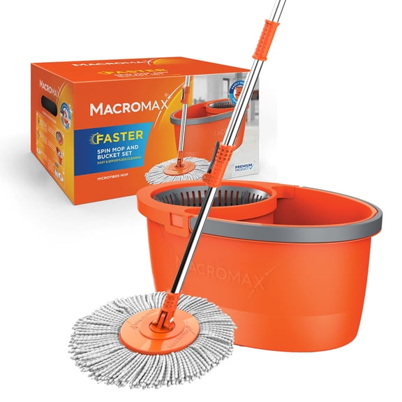 Macromax Faster Spin Mop and Bucket Set with – 360° Rotating Microfiber Mop with Smart Drying System – Adjustable Dampness – Ergonomic Handle – Multi-Surface Floor Cleaning Tool