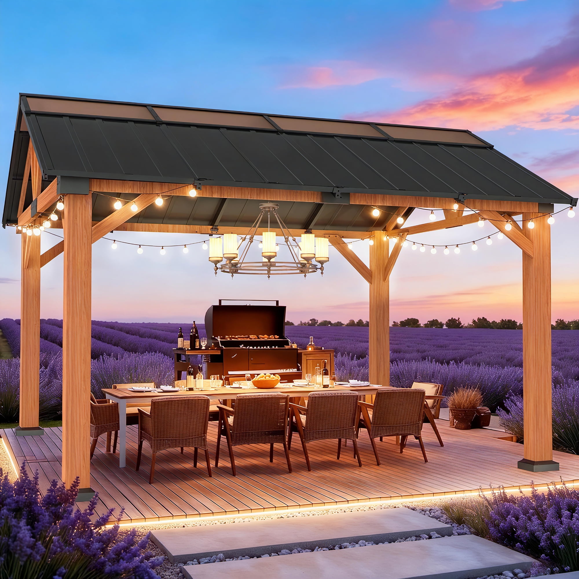 Macrout 11' x 13' Hardtop Outdoor Grill Gazebo for Patio Backyard, Aluminum Frame, Double Metal Roof