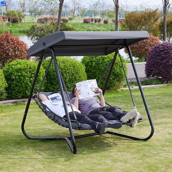 Macrout 2-Seat Hammock Swing Recliner Chair, Outdoor Patio Lounge Swing, Adjustable Canopy & Thickened Cushions for Backyard Garden, Dark Grey