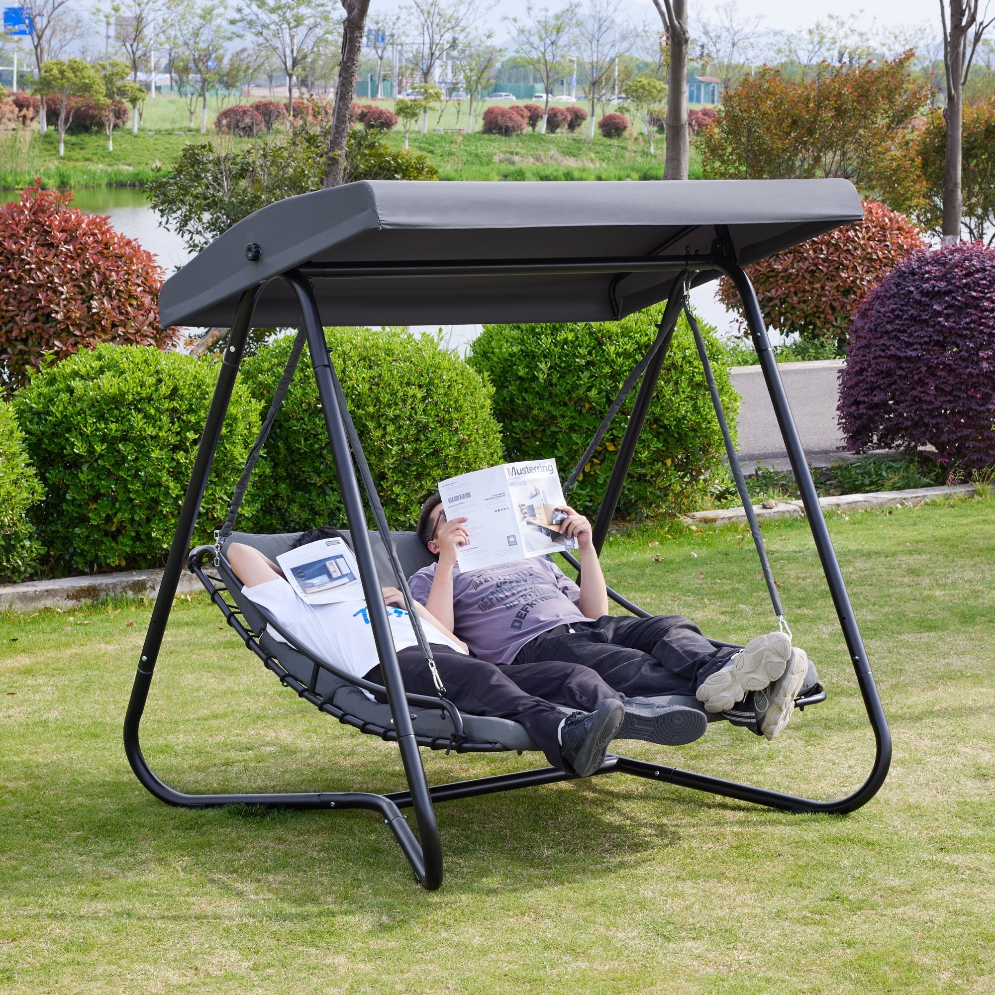 MCombo 2-Seat Patio Swing Recliner Chair with Adjustable Canopy