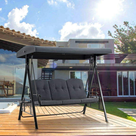 MCombo 3 Seat Outdoor Patio Swings with Adjustable Canopy, Trays, Cushions, Dark Grey