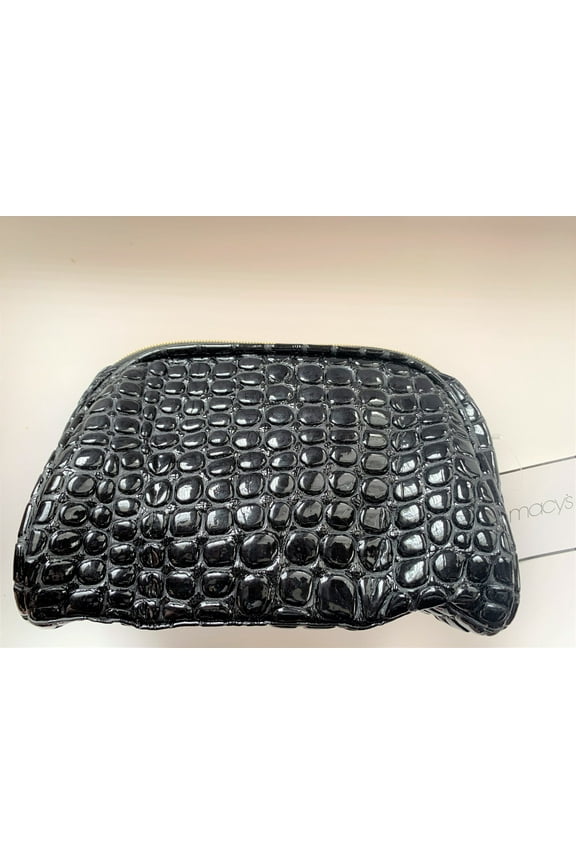 Black Faux Patent Leather Reptile Beauty Makeup Cosmetic Bag Case