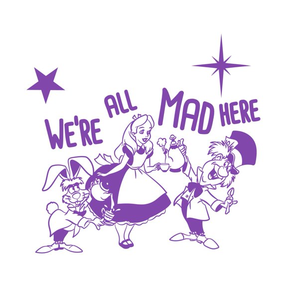 We're All Mad Here Cute Cartoon Characters Silhouette Quote Design Wall Art Sticker Designs Vinyl Stickers For Home House Walls Rooms Windows Bedroom Decoration Size (12x12 inch)