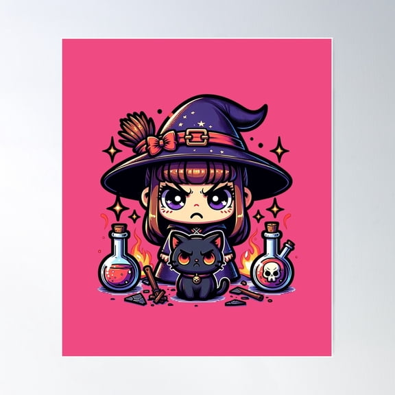 Mad Cute Witch And Black Kitty Poster Wall Art, Modern Wall Decor For Living Room Bedroom, 12x18 UNFRAMED
