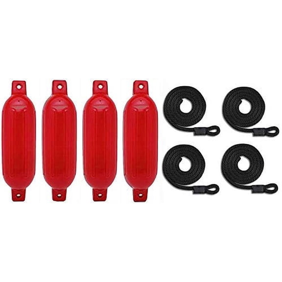 Mad Dog 6.5 Inch by 23 Inch Red Ribbed Boat Fenders Four Pack with Four Black Fender Lines