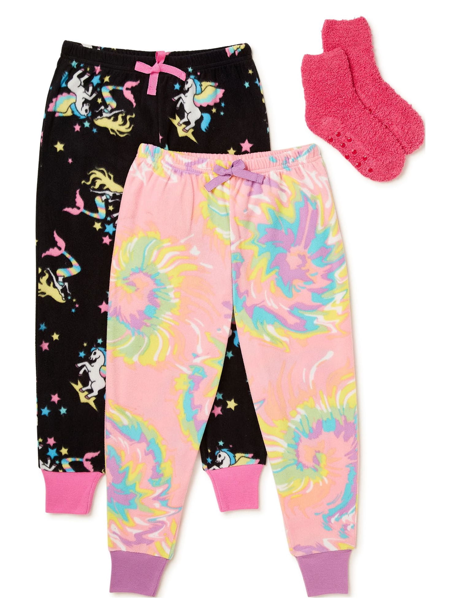 Mad Dog Girls' Micro Fleece Jogger Pajama Pants 2-Pack with Slipper Socks, Sizes 6-16