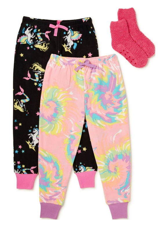 Girls' Micro Fleece Jogger Pajama Pants 2-Pack with Slipper Socks, Sizes 6-16