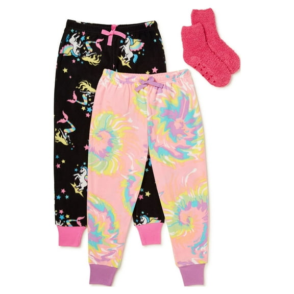 Mad Dog Girls' Micro Fleece Jogger Pajama Pants 2-Pack with Slipper Socks, Sizes 6-16