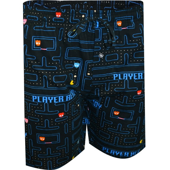 Mad Engine Mens Pacman and Ghosts Player Ready Black Lounge Shorts (Small)