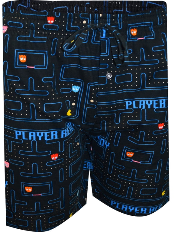 Mens Pacman and Ghosts Player Ready Black Lounge Shorts (Small)