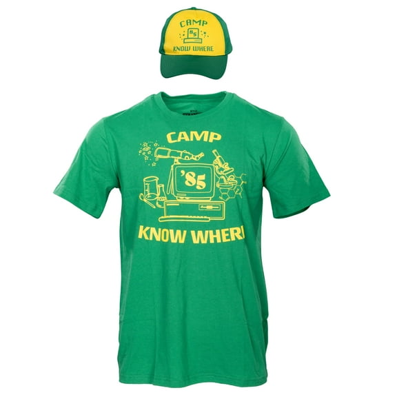 Mad Engine Stranger Things Dustin Camp Know Where Adult Halloween Costume T-Shirt and Hat Set Cosplay