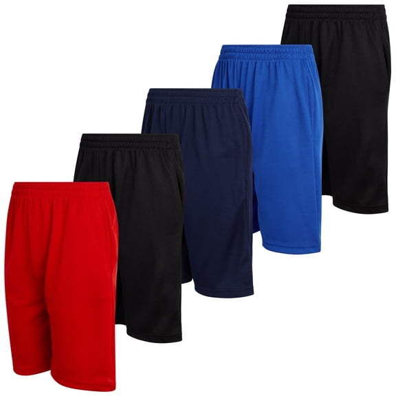 Mad Game Boys Active Shorts Mesh Lightweight Performance Solid Basketball Shorts with Pockets 5 Pack, Size 16-18, Black/Black/Red/Royal/Navy