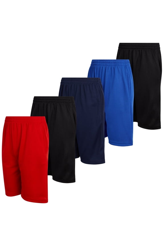 Boys Active Shorts Mesh Lightweight Performance Solid Basketball Shorts with Pockets 5 Pack, Size 16-18, Black/Black/Red/Royal/Navy