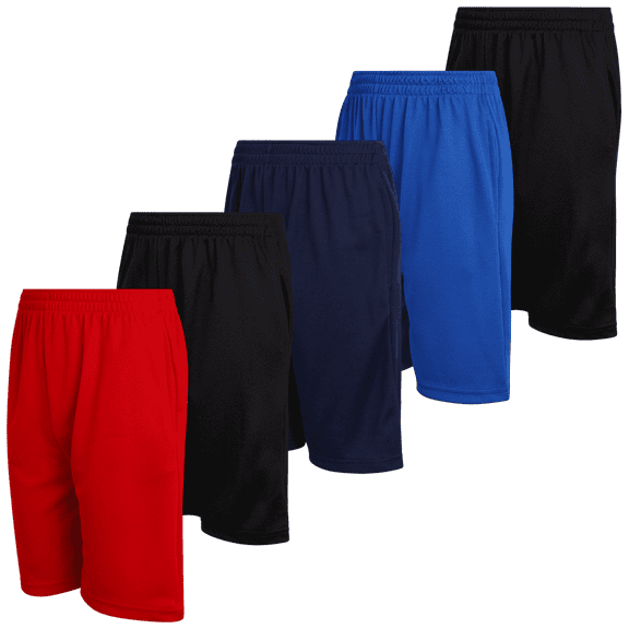 Mad Game Boys Active Shorts Mesh Lightweight Performance Solid Basketball Shorts with Pockets 5 Pack, Size 16-18, Black/Black/Red/Royal/Navy