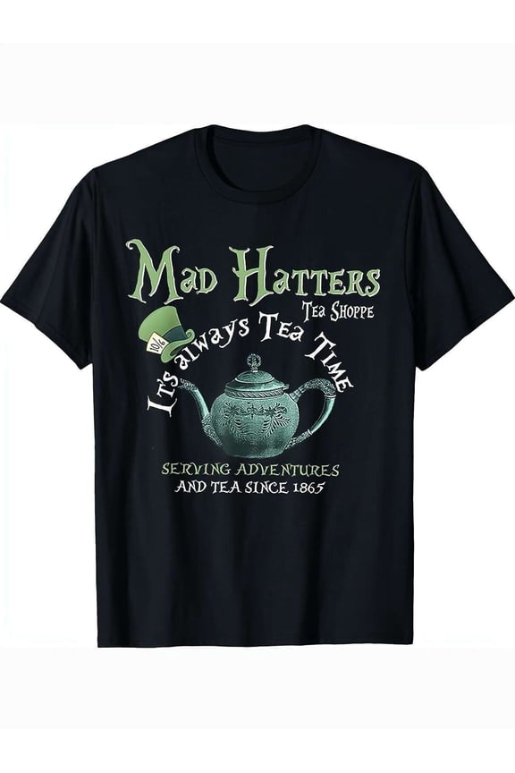 Mad Hatters Tea Shoppe" Men's Black T-Shirt - 100% Cotton, "It's Always Tea Time" & Teapot Graphic, Casual Fit, Perfect Gift for Dad & Friends, Sizes S-XXXL