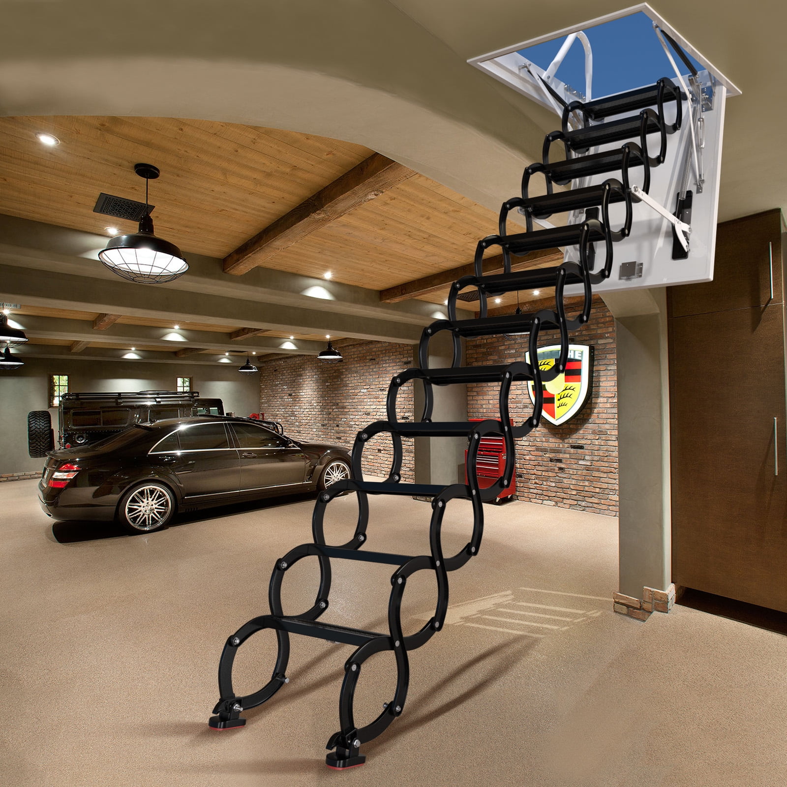 Mad Hornets Wall Mounted Folding Ladder Black Loft Attic Stairs Pull down  12 Steps 