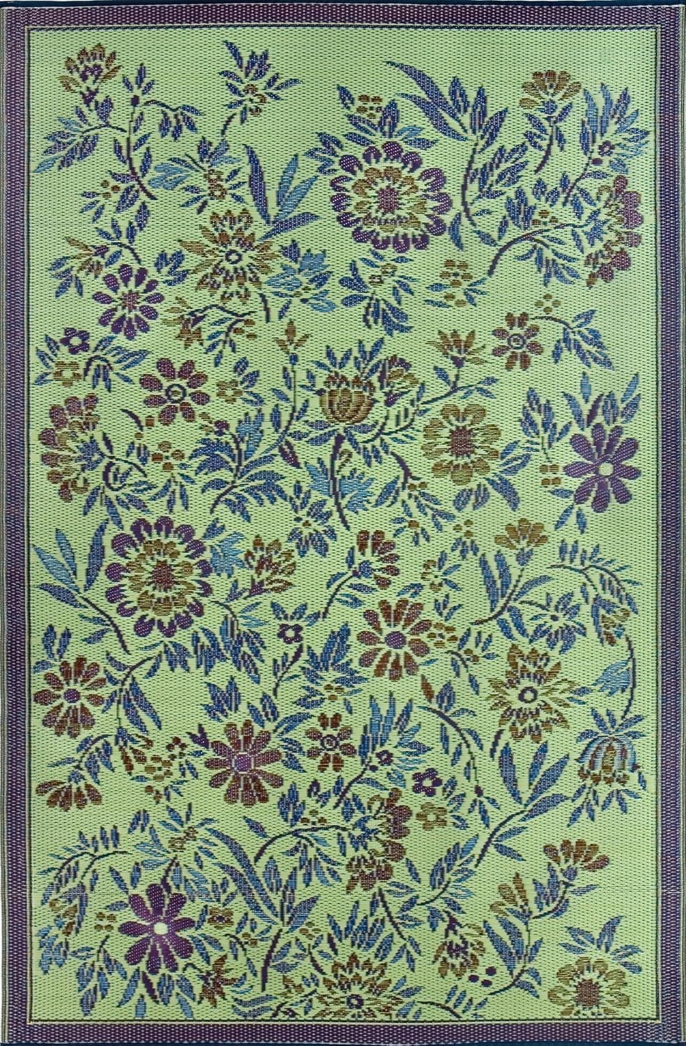 Eggplant and Green Reversible Floral Outdoor Rug, 4' x 6'