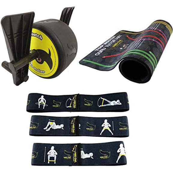 Mad Owl Fitness Gear, Guru Top Notch AB Roller + Top Notch Guru Tutor Mat + With Guru Booty Bands Portable Exercise Mat for Women/Men Home, Pilates, & Floor Exercises