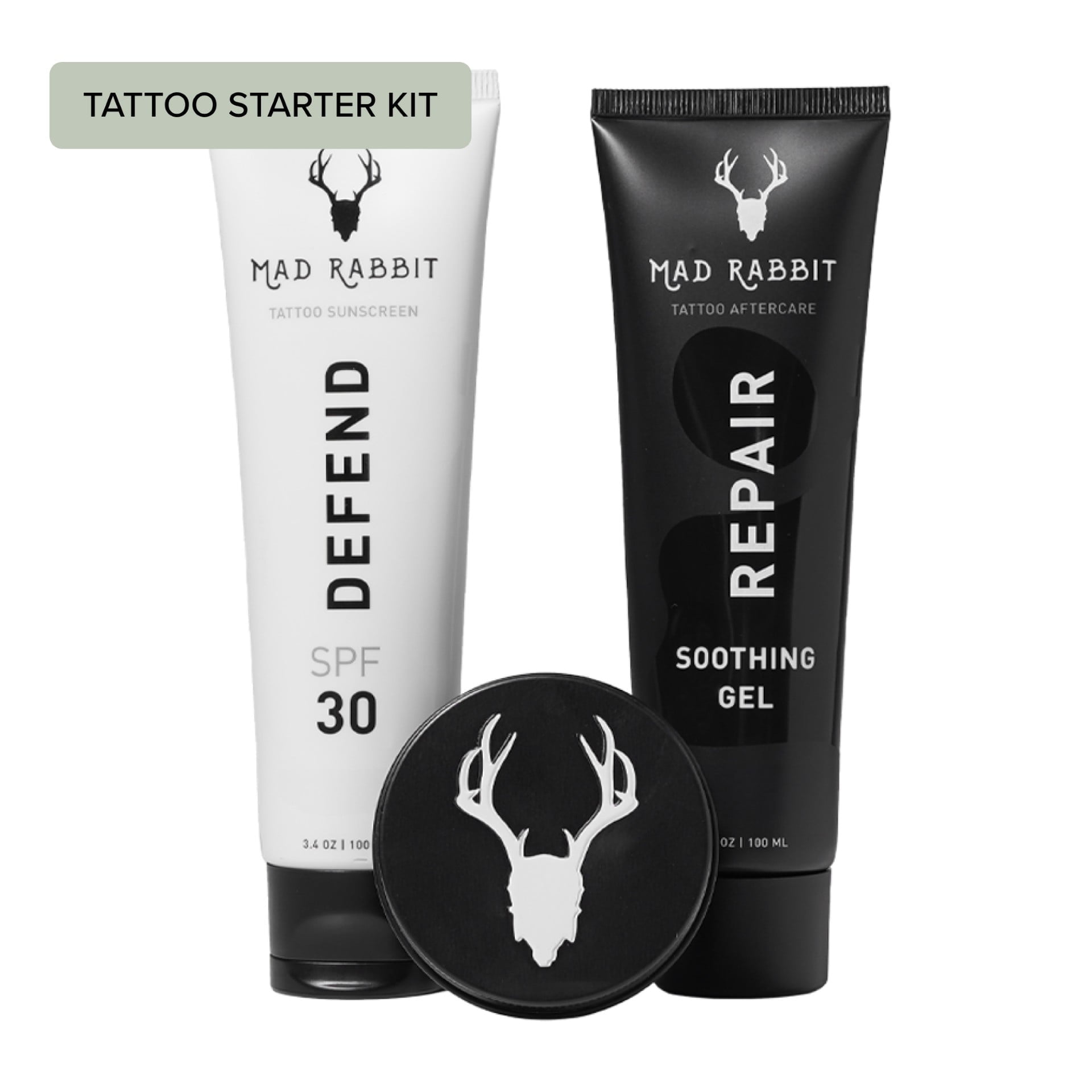Mad Rabbit Tattoo Care Starter Set with Defend Sunscreen, Repair Soothing Gel, and Enhance Tattoo Balm, 3 Count