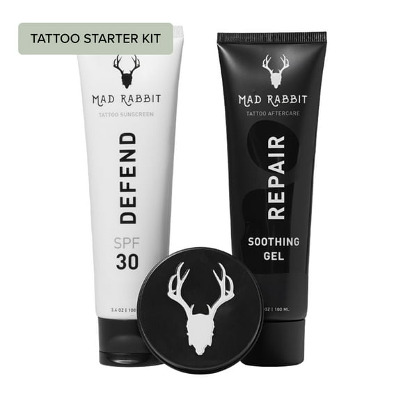 Mad Rabbit Tattoo Care Starter Set with Defend Sunscreen, Repair Soothing Gel, and Enhance Tattoo Balm, 3 Count
