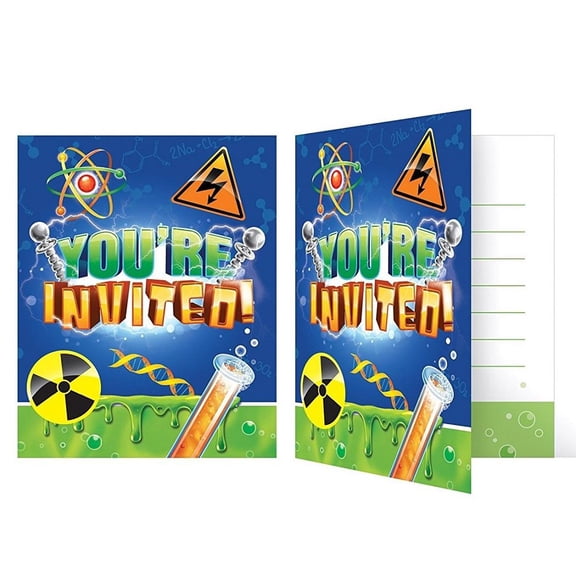 Mad Scientist Big Bang Science Kids Birthday Party Invitations w/Envelopes