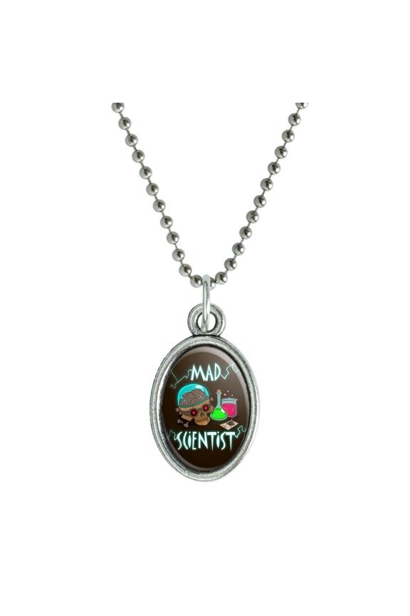 Mad Scientist with Beakers Brain Antiqued Oval Charm Pendant with Chain
